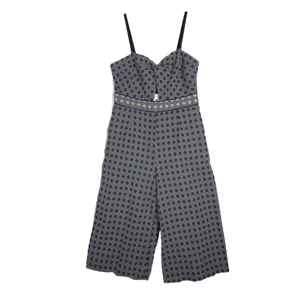 Anthro Elevenses Jumpsuit Women 2 Petite Blue White Geometric Remy Crop Wide Leg